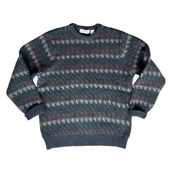 Orvis Mens Wool Blend Houndstooth Pattern Sweater Navy Gray Brown Stripes Size M - Picture 1 of 10